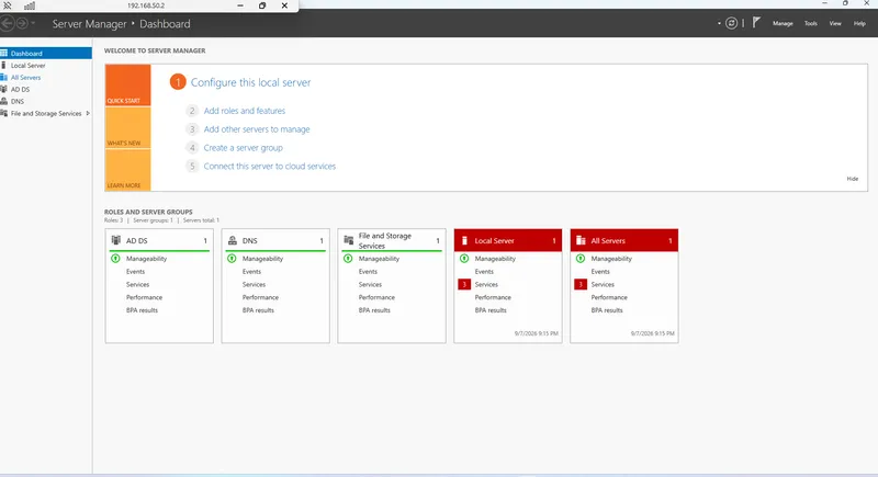 Server Manager on the rebuilt domain controller reporting the new forest