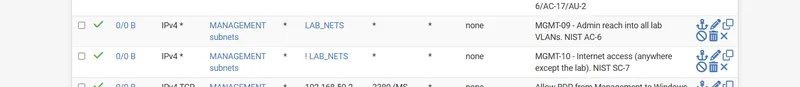 Completed MANAGEMENT interface ruleset in pfSense