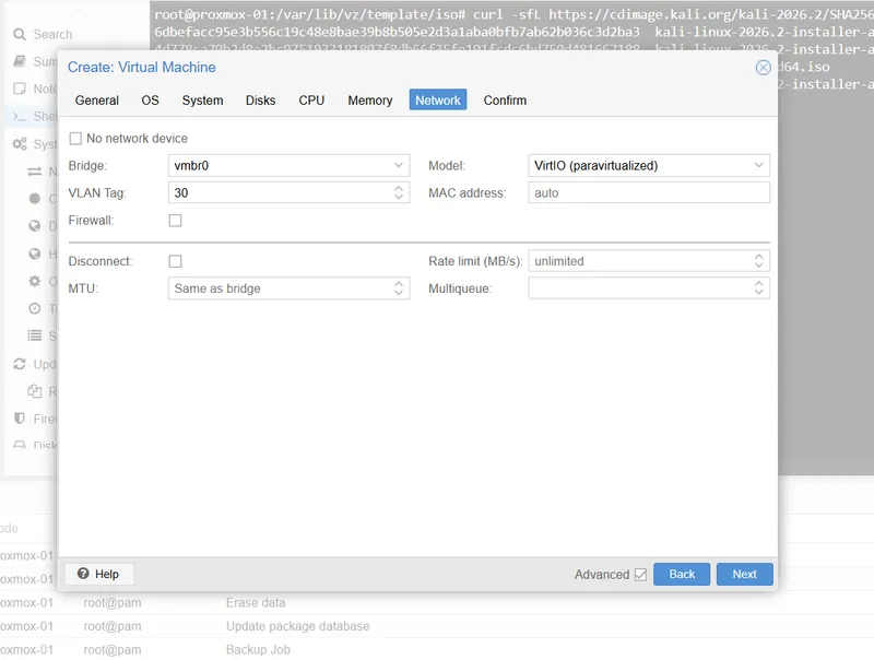 Proxmox network device settings for KALI01 with VLAN tag 30