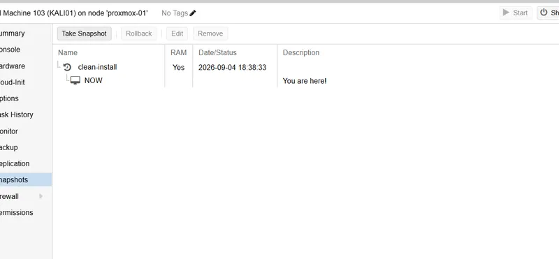 Proxmox snapshot of KALI01 taken after the clean build