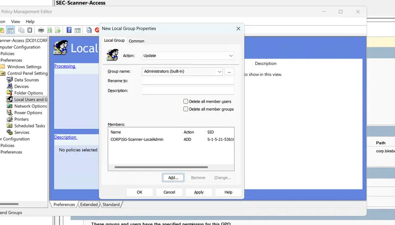 Group Policy Preferences local group item adding a security group to the built-in Administrators group
