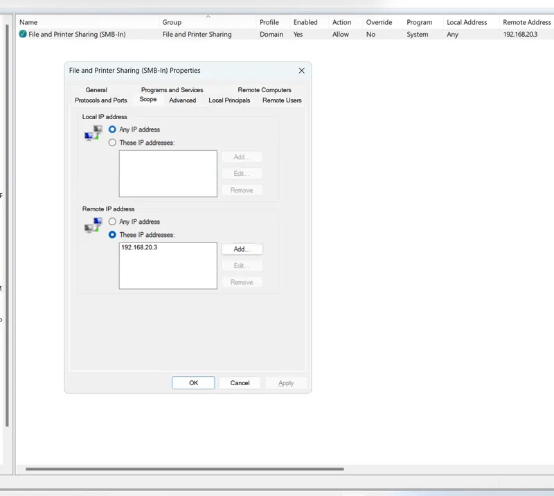 Windows Firewall inbound rule for SMB with its remote address scoped to the scanner