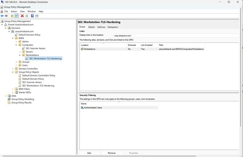 Group Policy Management showing the TLS hardening policy linked only to the Workstations OU