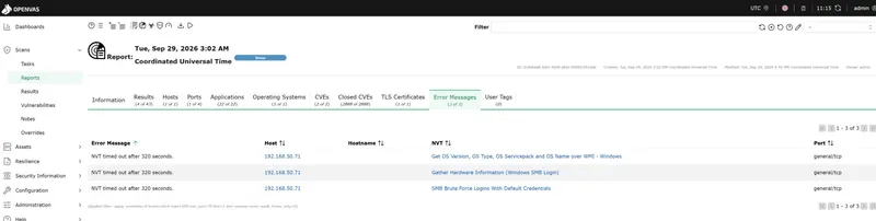 Greenbone error messages showing WMI checks timing out