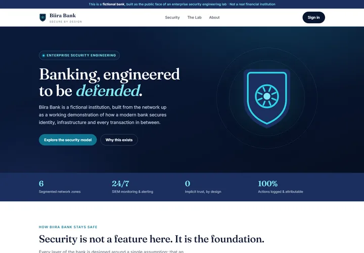 The biirabank.com homepage: a fictional bank's site with a banner stating it is not a real financial institution