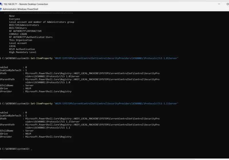 PowerShell reading the SCHANNEL registry values on WKS01