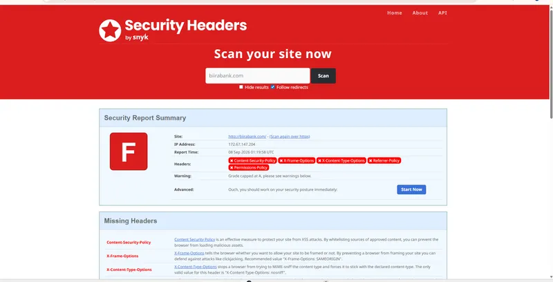 securityheaders.com grading biirabank.com F before hardening