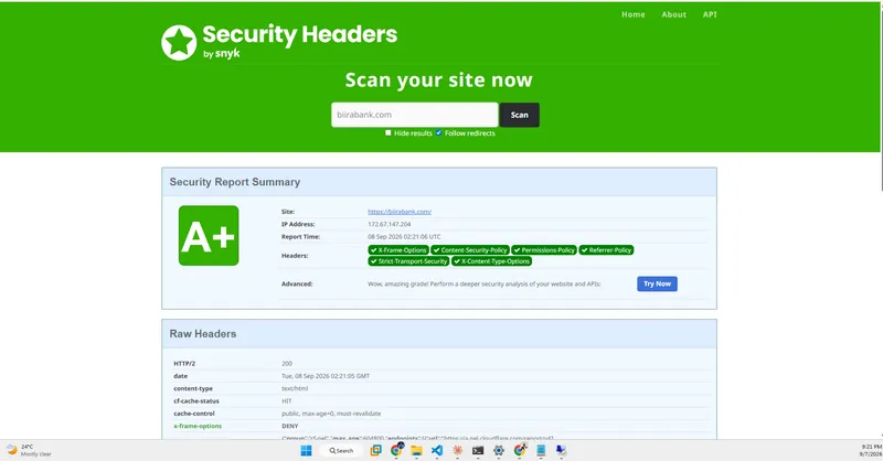 An independent security header grader reporting A plus for biirabank.com