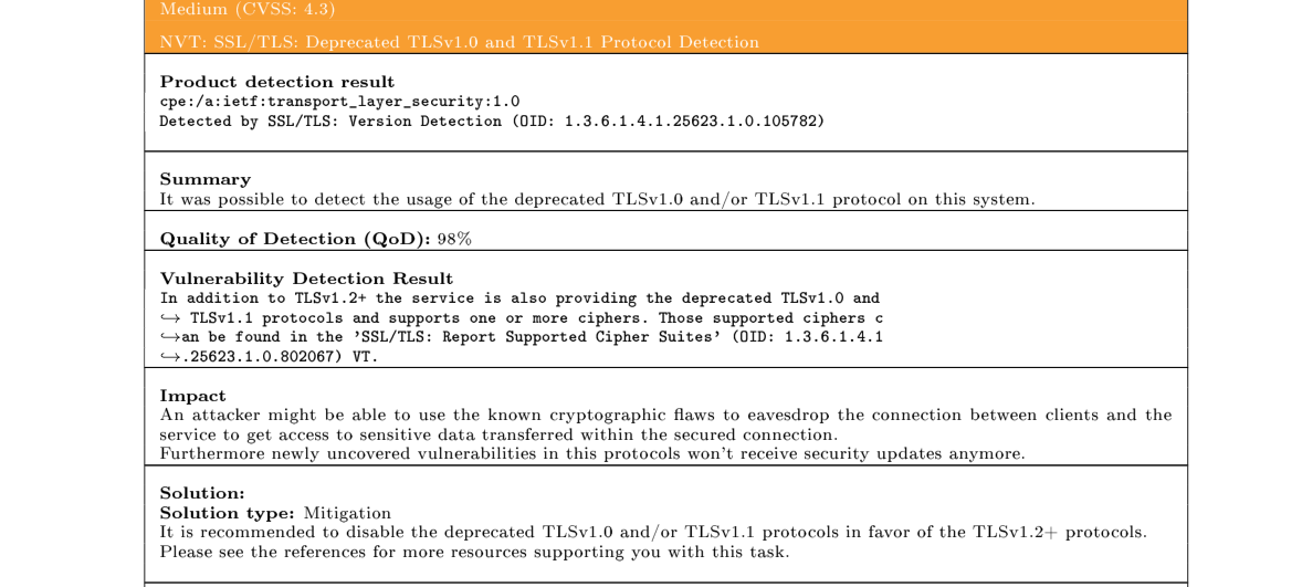 Report two, port 3389. Remote Desktop offers TLS 1.2 and later, and also TLS 1.0 and TLS 1.1. Quality of detection 98%: the scanner completed real handshakes with both old versions rather than guessing from a version number.