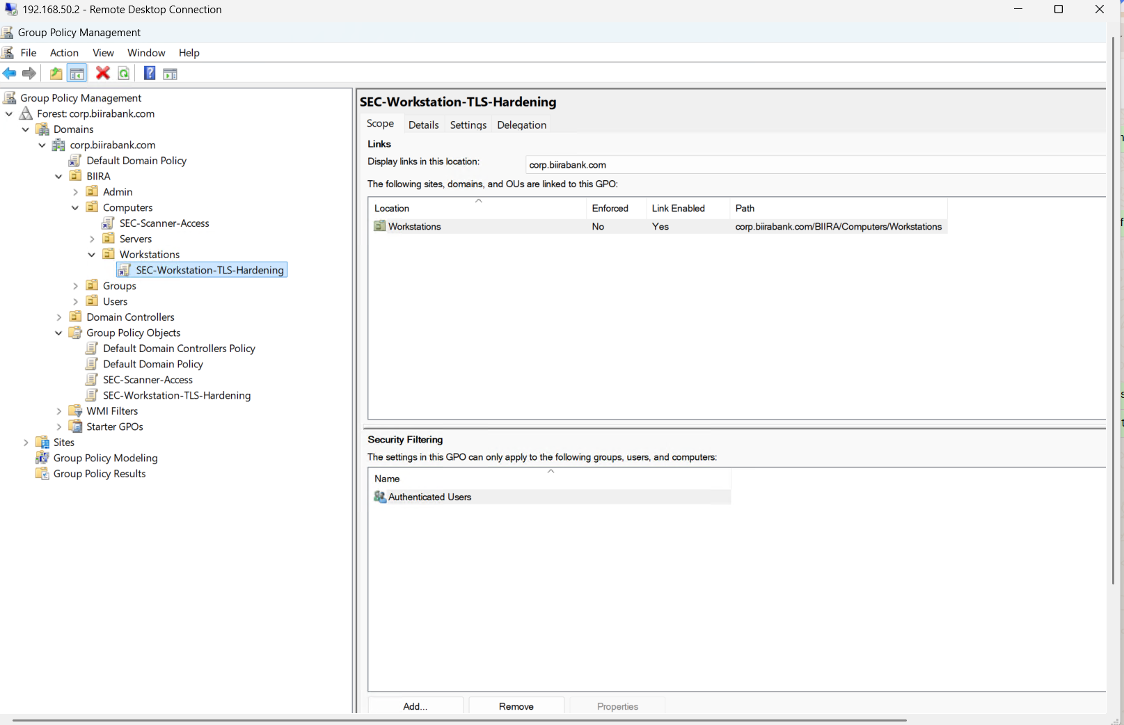 The policy linked to the Workstations OU only. Servers and the domain controller are out of reach. A change is tested narrowly first and widened on purpose.