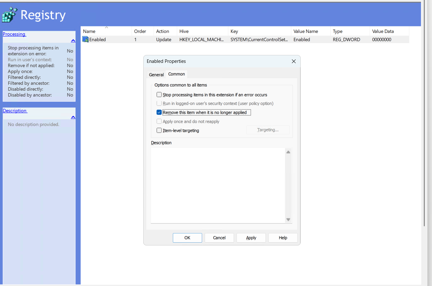 The Common tab of a registry item, with "Remove this item when it is no longer applied" ticked.