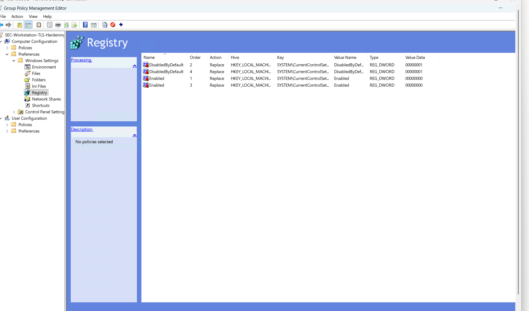 All four registry items: Enabled 0 and DisabledByDefault 1, for both TLS 1.0 and TLS 1.1.