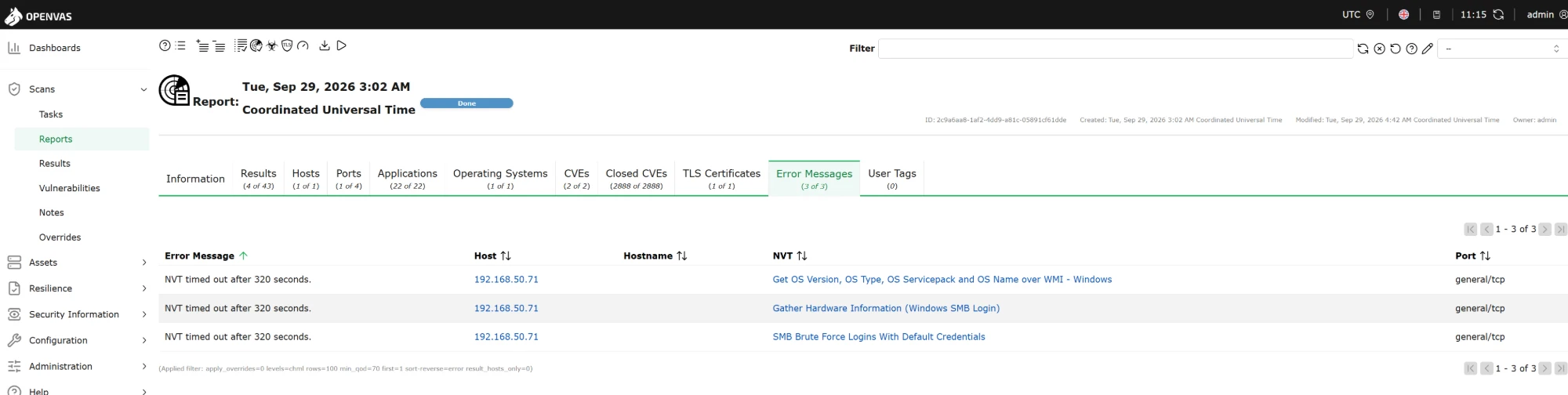 The Error Messages tab of report three: inventory checks over WMI timed out, "Could not connect: Connection timed out".