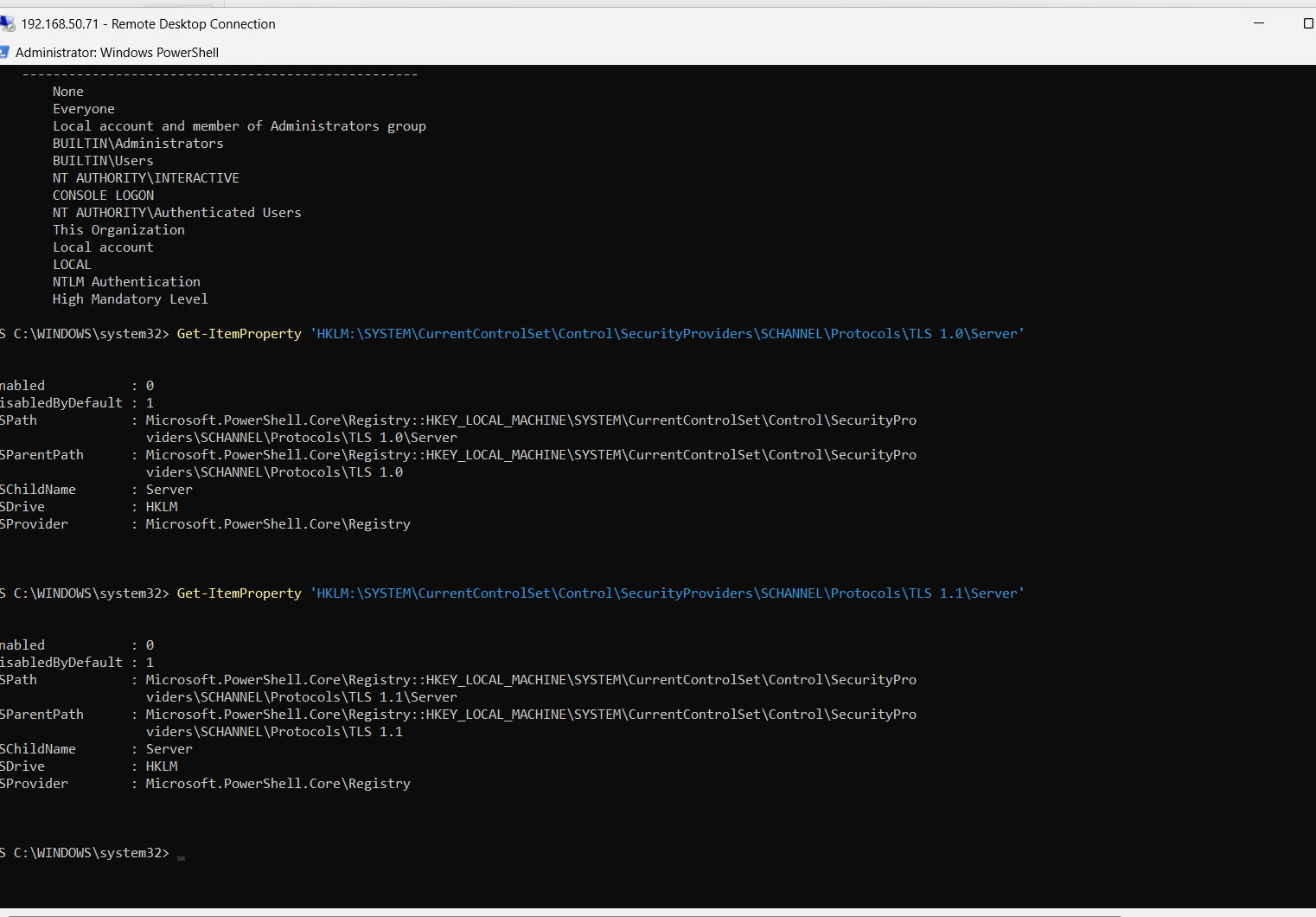 The registry read back on WKS01: Enabled 0 and DisabledByDefault 1 under both Server keys. Written, but not yet in force.