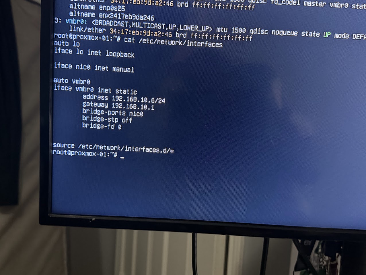 Output of ip link show on Proxmox showing nic0 as the physical NIC