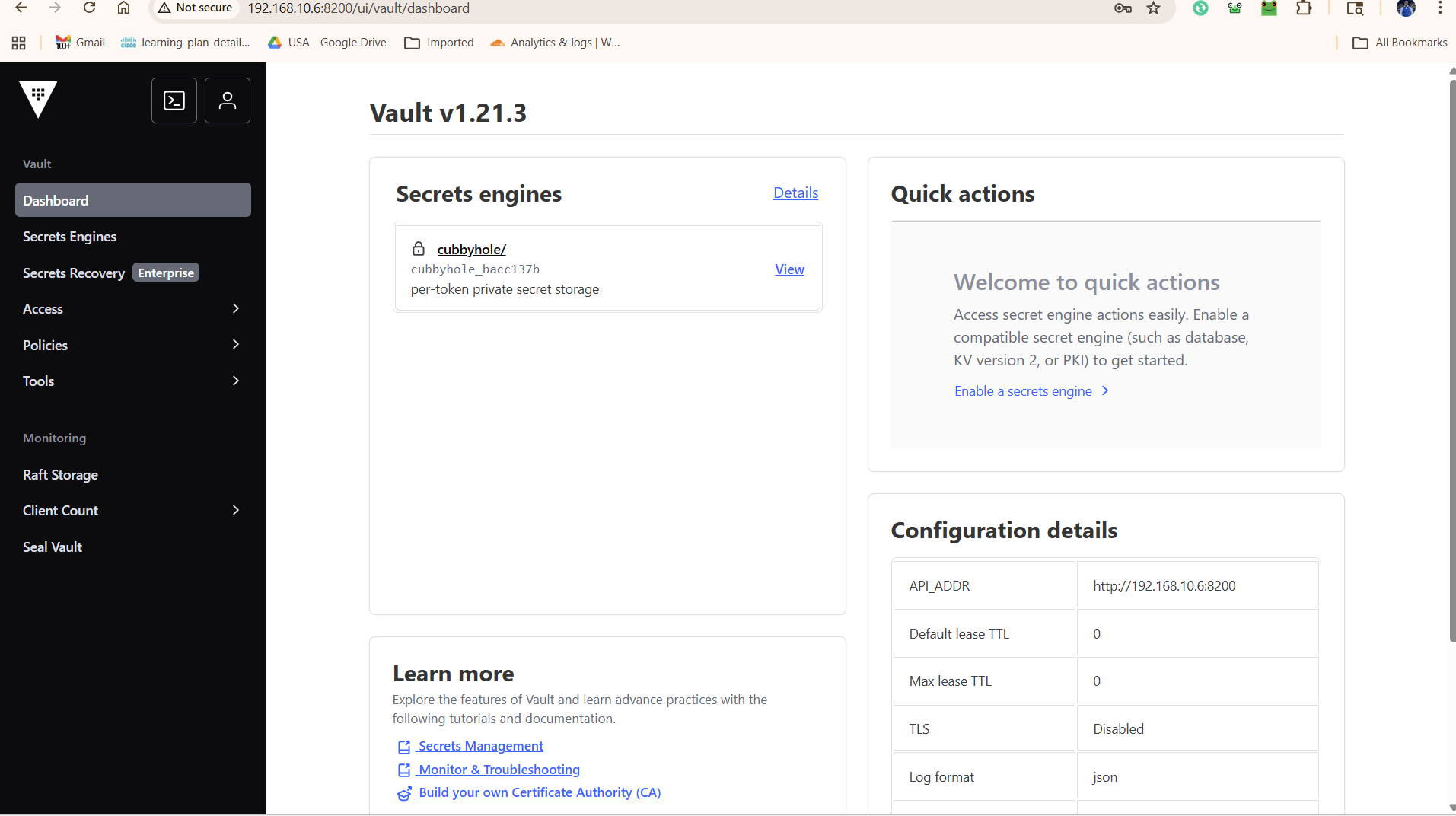 Vault GUI after logging in with root token