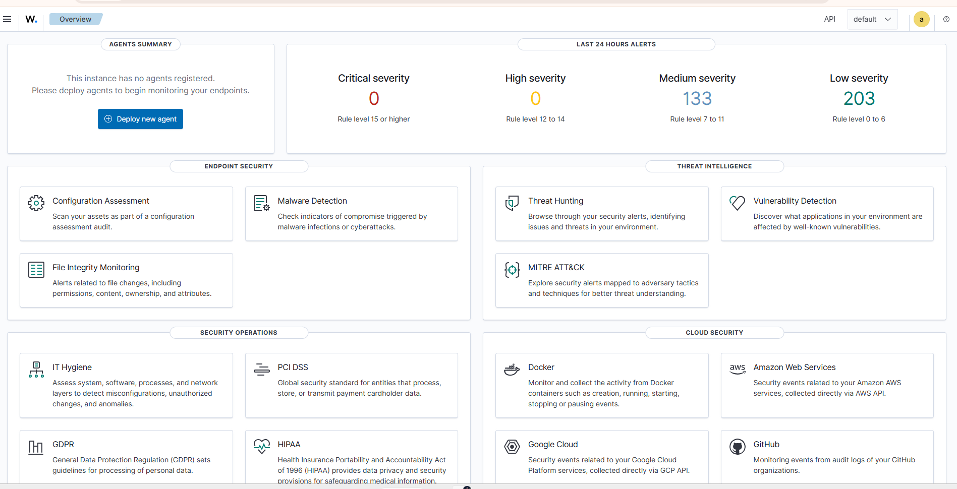 The dashboard on first login